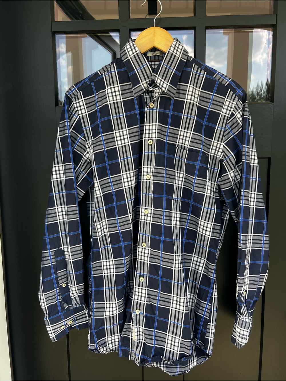 Peter Millar Men's Blue & White Plaid Button-Down Cotton Dress Shirt size Medium